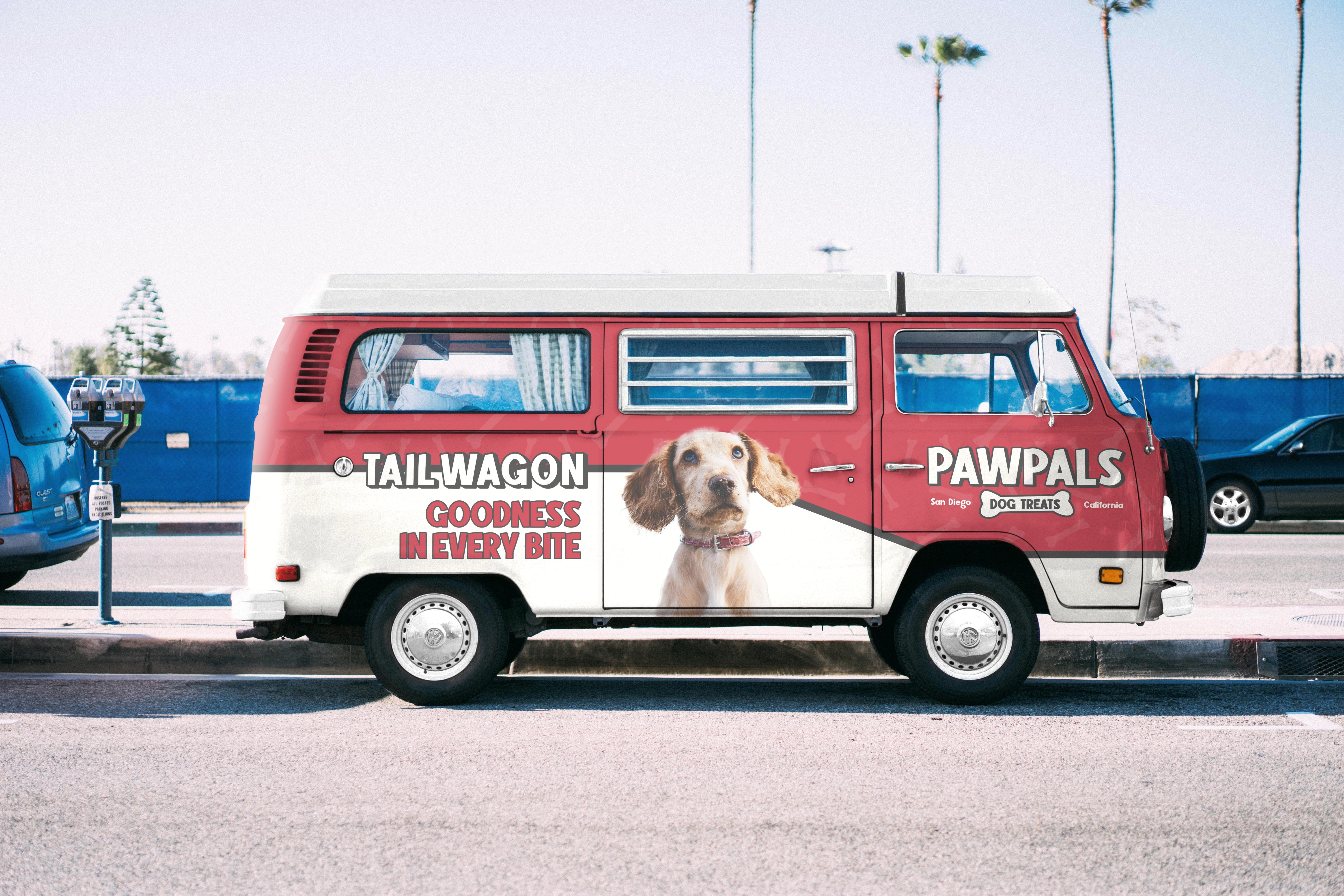 A retro red and white van parked on the street, featuring branding for 'PawPals Dog Treats' and 'Tail-Wagon Goodness in Every Bite.' The side of the van showcases a photo of a golden-colored dog wearing a pink collar, set against a clean and playful design.